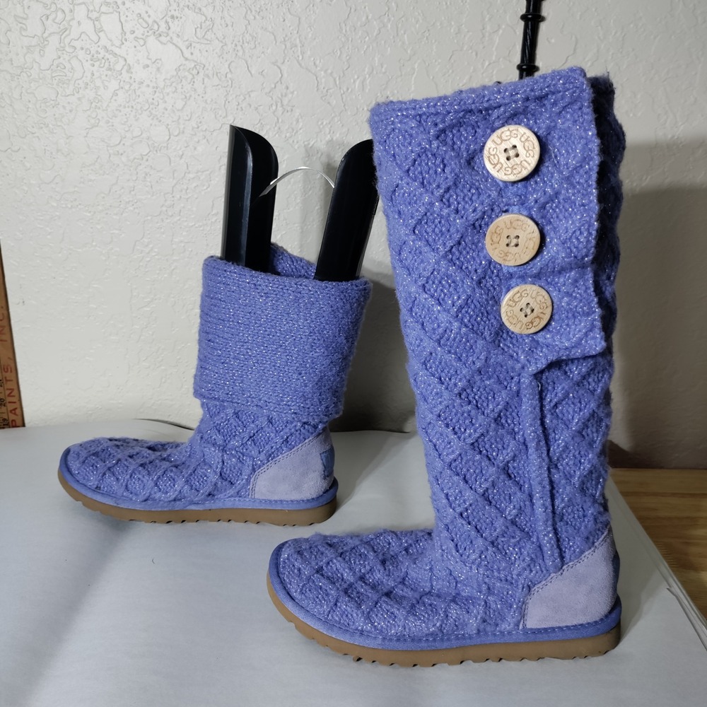 UGG Lattice Cardy Periwinkle Purple Knit Metallic Button Boots 1002483 Womens 6